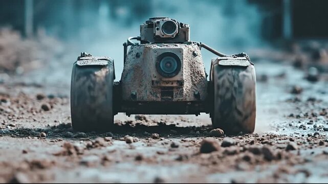 Small Unmanned Ground Vehicle Surveillance Robot Crawling Slowly Along Dirt Road During Daytime Operation