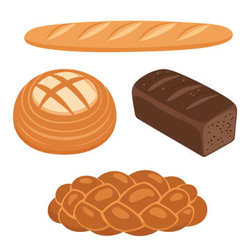 Assorted bread types including baguette boules and loaves on a neutral surface