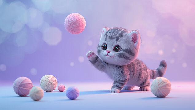 やさしいネオンカラーの中で遊ぶ子猫を描いたかわいい3Dイラスト