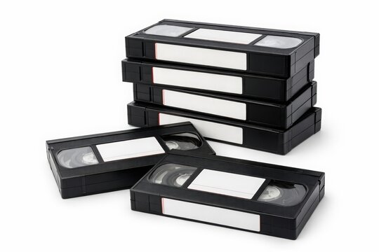 Scattered stacks blank black VHS cassette tapes retro video media nostalgia multiple angles white background product photography flat composition