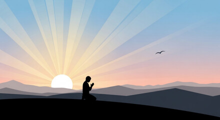 Fototapeta premium Person meditates in prayer on hill at serene sunset with sun rays and mountains