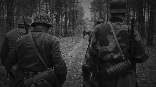 WWII German soldiers surrender to Soviet troops in Eastern Europe forest
