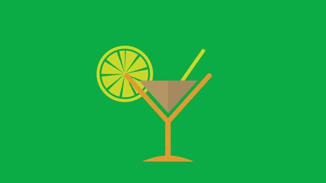 Animated cocktail glass with lime slice sliding on green screen background loop