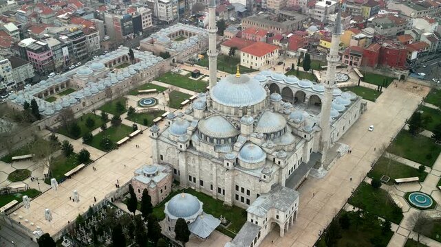 Fatih Mosque in Istanbul Turkey zoom-out and fly back shot