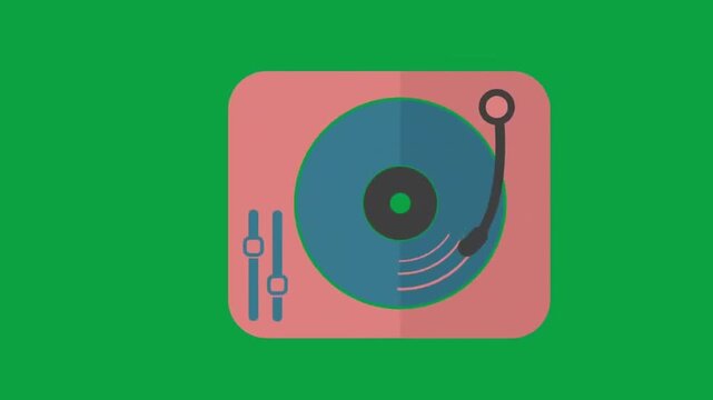 Animated vinyl record player turntable spinning on green screen background loop