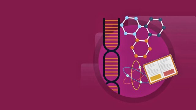 Scientific illustration featuring a DNA double helix with molecular structures and an atom icon alongside an open book on a dark pink background.