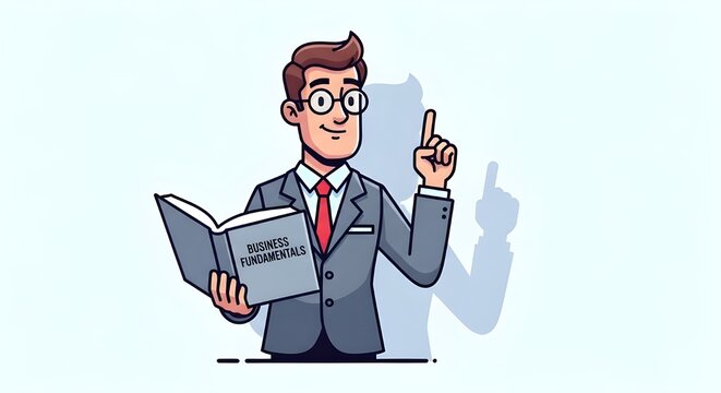 Professional cartoon businessman explaining key business fundamentals, holding an open book and gesturing with an uplifted finger, symbolizing teaching and new ideas
