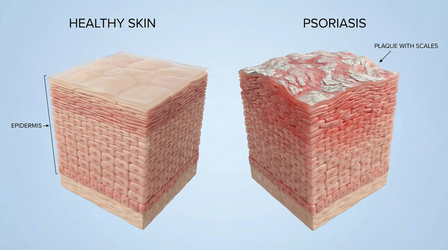 Psoriasis Skin Disease Plaque and Healthy Epidermis Cross Section 3D Illustration