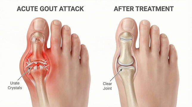 Acute Gout Attack Urate Crystals and Clear Joint After Treatment 3D Illustration