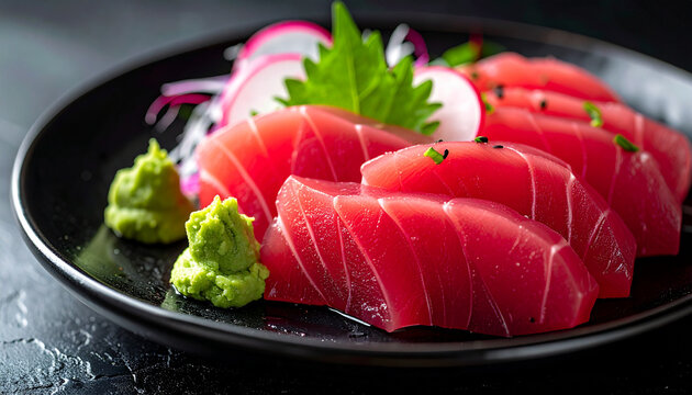 Fresh Tuna Sashimi Slices with Wasabi and Radish Garnish on Black Plate