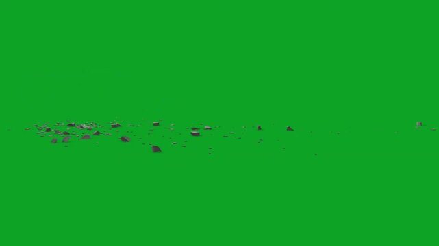 Explosion of realistic stone debris with falling rock fragments on green screen