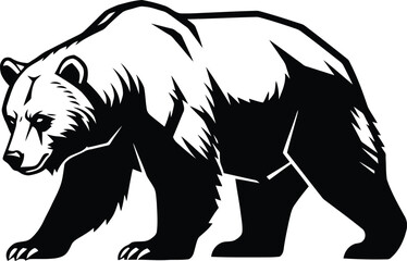 Grizzly bear walking with powerful stance, black silhouette illustration conveying strength and wildness © vector design
