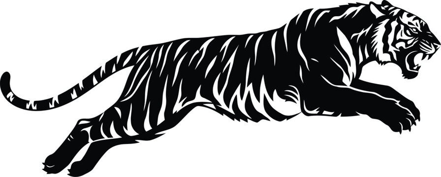 Black silhouette of a powerful tiger running with its mouth open and teeth bared, dynamic wildlife action pose