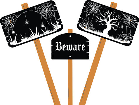 Beware halloween signs with spiderwebs skulls and spooky tree against checkered background