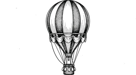 Vintage hot air balloon illustration with detailed sketch lines, antique travel in sky, basket for passengers, decorative elements. © vector design