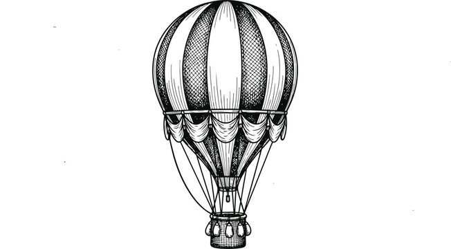 Vintage hot air balloon illustration with detailed sketch lines, antique travel in sky, basket for passengers, decorative elements.