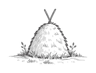 Hand drawn of a hay bale with two sticks white rural farm agriculture © Mahin