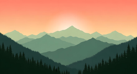 Obraz premium Serene mountain landscape at sunset with majestic peaks and silhouetted trees