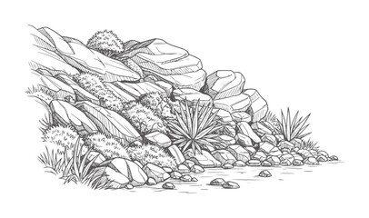 Of a rocky desert landscape with sparse vegetation and water © Mahin