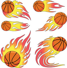 Basketball fire flames vector set, flying flaming ball sports illustration bundle, hot burning basketball icons for team logo, t-shirt design. © ferdousi