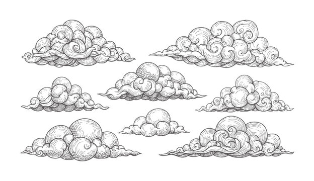 Vintage engraved swirling clouds collection monochrome engraving