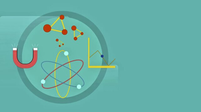 Educational animation displaying a horseshoe magnet with magnetic field lines alongside atom models and scientific data charts on a green background.