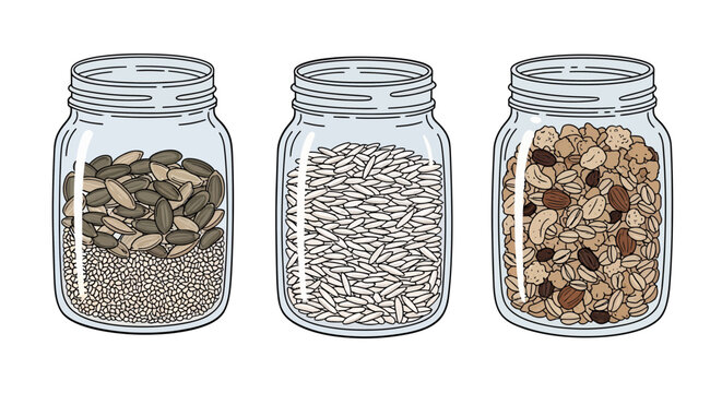 Three glass mason jars filled with various healthy grains rice and granola cereal isolated on white background, concept for healthy breakfast, sustainable pantry storage and organic food packaging