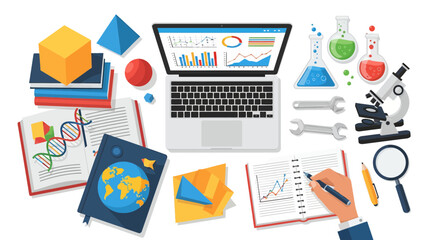 Fototapeta premium Top view of research analyst workspace with laptop showing data charts beside laboratory equipment and books, concept for scientific study, academic learning and stem curriculum development