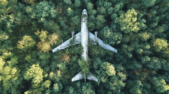abandoned airplane surrounded by dense forest in aerial top view
