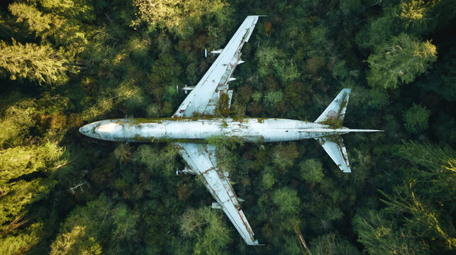 abandoned airplane surrounded by dense forest in aerial top view