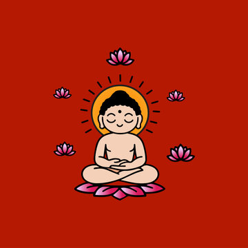 A minimalist monoline illustration of Lord Mahavir in a meditative pose with elements like lotus 