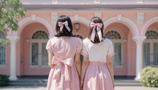 春のピンクの校舎前に並んで立つ日本人女性二人の後ろ姿