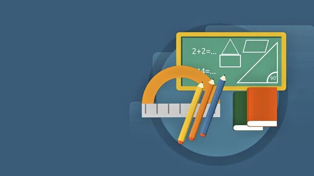 Animated geometry and math tools featuring a blackboard with equations and shapes alongside a ruler and books representing primary education.
