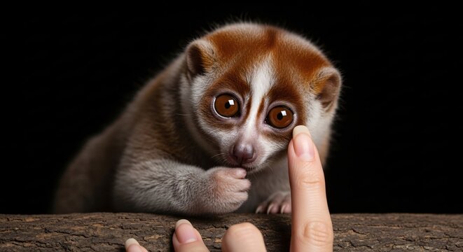 A precious, wide-eyed loris curiously investigates a human finger, showcasing a tender moment of interspecies interaction against a dark, dramatic background