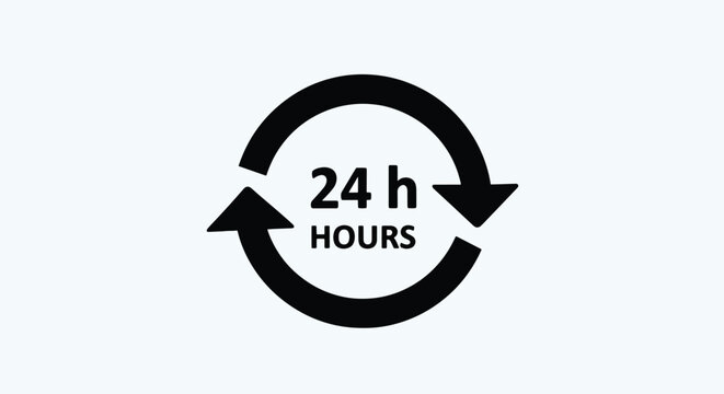 Black 24 hours clock symbol with circular arrows on light gray