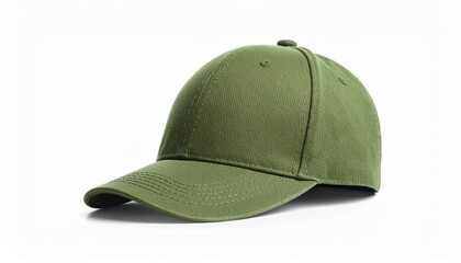 Fototapeta premium Olive green baseball cap isolated on white background, perfect for fashion and branding design.