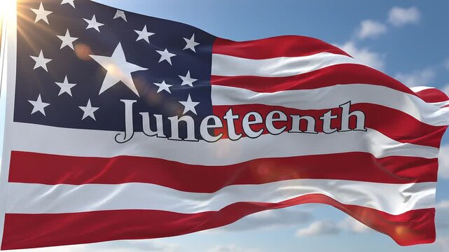 &ldquo;Juneteenth text appearing over a waving Juneteenth flag, soft wind simulation, sunlight glow, realistic fabric motion, patriotic and emotional atmosphere, slow cinematic camera movement, high detail