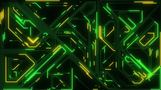 Digital Data moving on Circuit Board and CPU loop backgrounds. Computer Processing and organizing data. Abstract high tech Artificial intelligence (AI), data mining, neon glow pcb place for text 