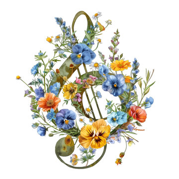 Watercolor Floral Treble Clef Clipart with Wildflowers and Garden Greenery
