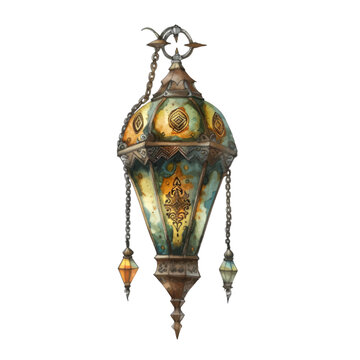 Watercolor Ornate Steampunk Lantern with Stained Glass and Hanging Pendants Clipart