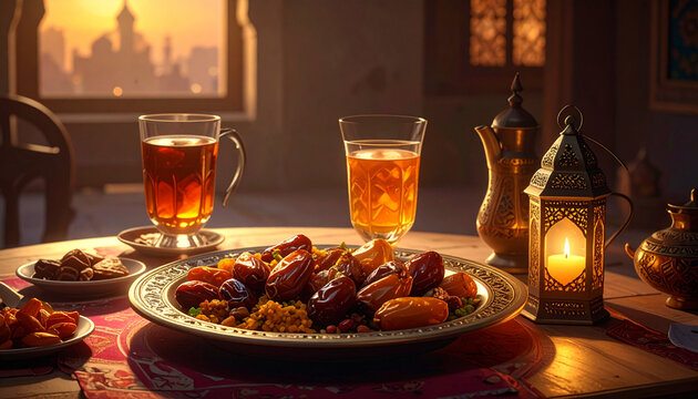 Warm Evening Table with Date Plums and Tea in Ornate Setting