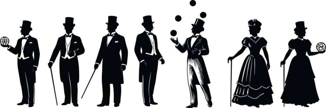 Black silhouette collection of Victorian gentlemen in top hats and elegant ladies in vintage dresses isolated on white background.