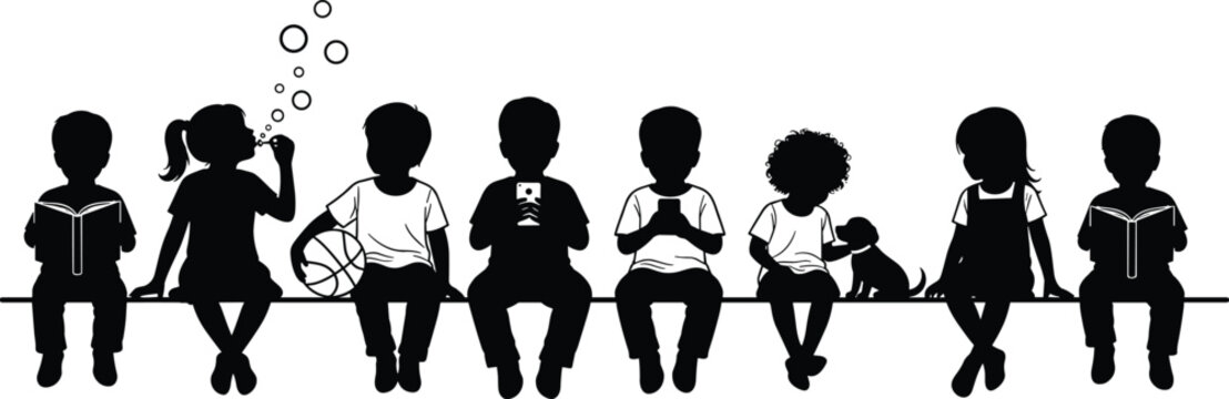 Black silhouette of children sitting together reading books blowing bubbles playing with basketball and using mobile phones on white background.