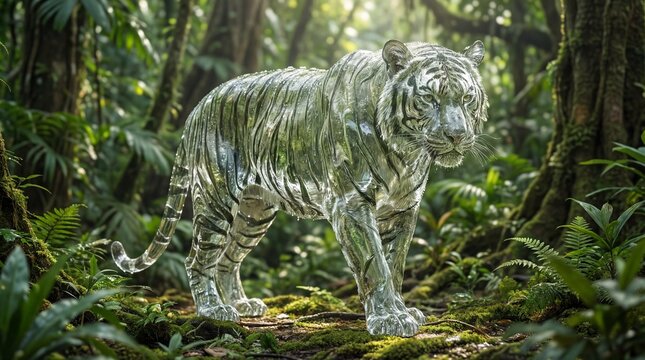Translucent tiger statue in lush, mossy jungle environment