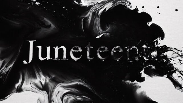 &ldquo;Black ink spreading across a white canvas revealing the word &lsquo;Juneteenth&rsquo;, artistic fluid motion, symbolic storytelling, high contrast, smooth transitions, modern editorial style, minimal background