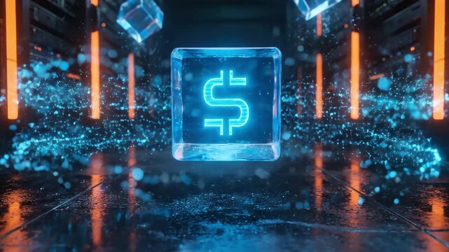 Abstract glowing dollar sign in a transparent cube surrounded by digital particles in a futuristic data environment, suitable for finance, cryptocurrency, technology, investment, economy.