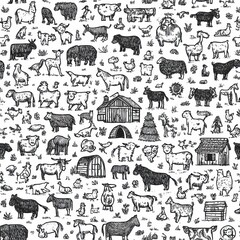 Obraz premium Farm Animal Doodle Pattern With Hand-Drawn Cows, Pigs, Chickens, and Farm Elements in Black Ink on White Background, Various Sizes for Creative Use