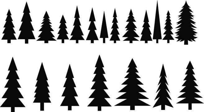 Black, pine, tree, silhouettes, set, featuring, various, evergreen, conifers, and, fir, trees, isolated, on, white, background, for, forest, and, nature, designs.