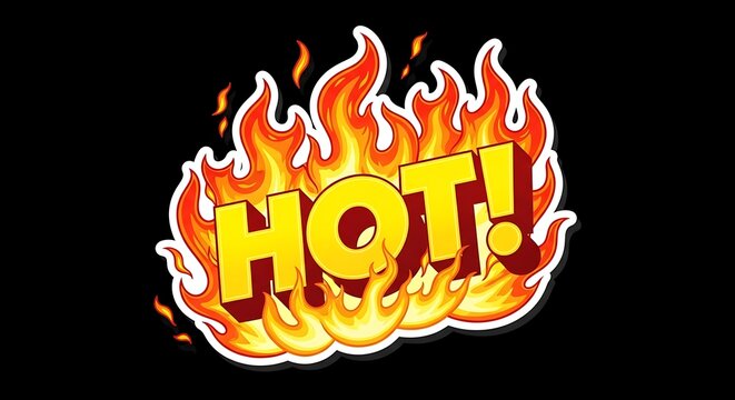 A vibrant yellow three dimensional text sign with the word hot surrounded by stylized flames illustration