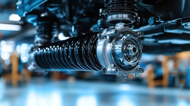 Close-up of a vehicle's suspension and drivetrain components